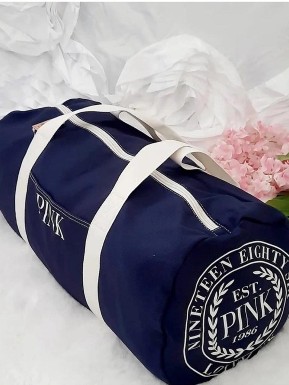 NWT- PINK Victoria's Secret Navy Duffel with White Accents
